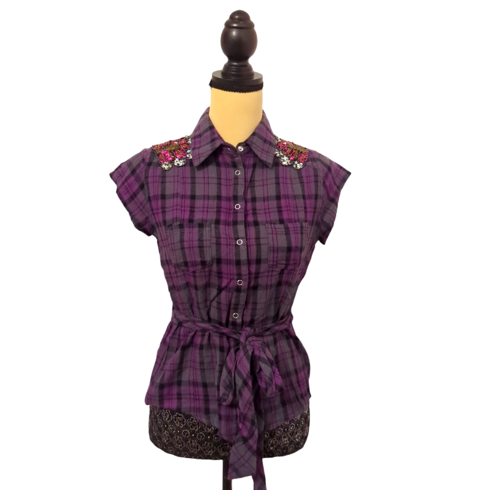 Plaid Flannel Button Up Short Sleeve Purple Top Shirt With Sequins Belt Small